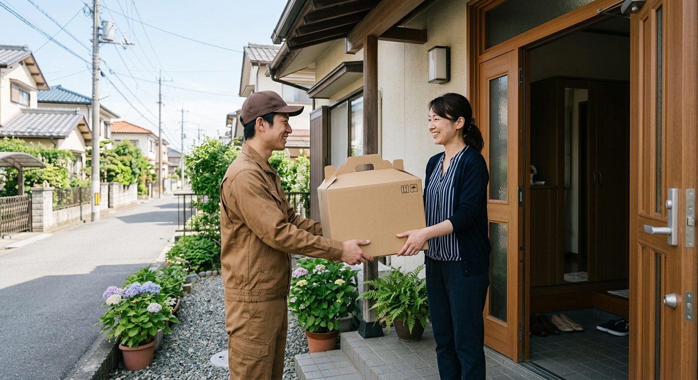 玄関先でハンガーボックスを受け取る女性と配達員