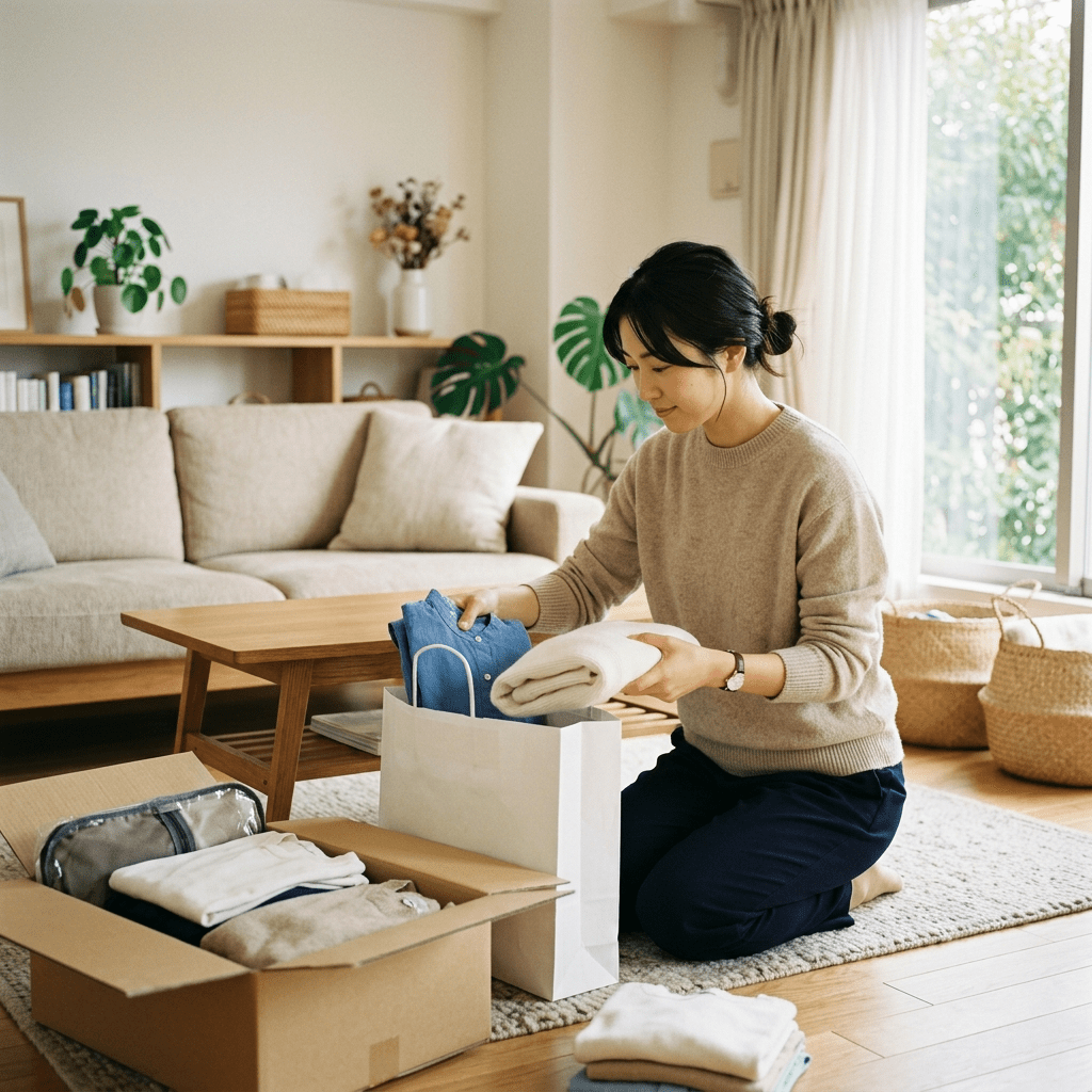 明るいリビングで白い集荷バッグに服を詰める日本人女性