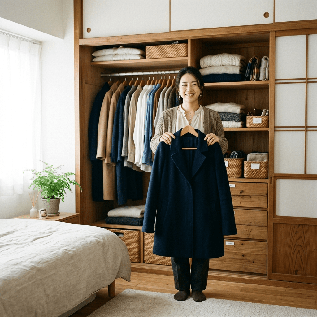 整理されたクローゼットの前でコートを持つ日本人女性